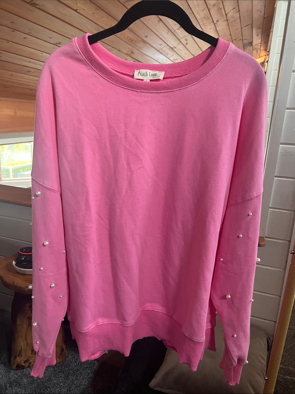 Peach Love California Pink Pearl Sleeve Crewneck Sweater